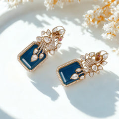 Luxury Peacock Design Earrings, Rose Gold, Blue Gemstone with Crystal Accents
