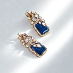 Luxury Peacock Design Earrings, Rose Gold, Blue Gemstone with Crystal Accents