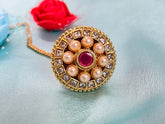 Elegant Round Kundan Pearl Maang Tikka with Ruby Centerpiece