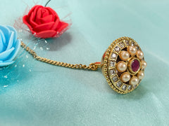 Elegant Round Kundan Pearl Maang Tikka with Ruby Centerpiece