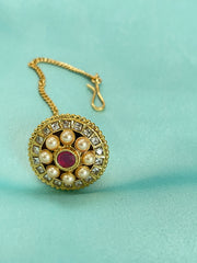 Elegant Round Kundan Pearl Maang Tikka with Ruby Centerpiece