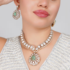 Elegant Green & White Stone Choker Necklace Set