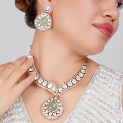 Elegant Green & White Stone Choker Necklace Set