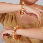 Traditional Antique Gold Bangles with Ruby & Emerald Accents : Pair