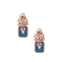 Luxury Peacock Design Earrings, Rose Gold, Blue Gemstone with Crystal Accents