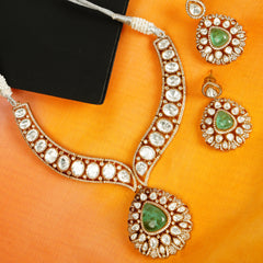 Elegant Green & White Stone Choker Necklace Set