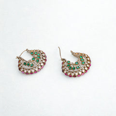 Elegant Crescent Kundan Hoop Earrings with Green & Pink Stones