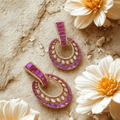 Luxury Ruby and Diamond Crescent Drop Earrings, Rose Gold Plated, Crystal Studded