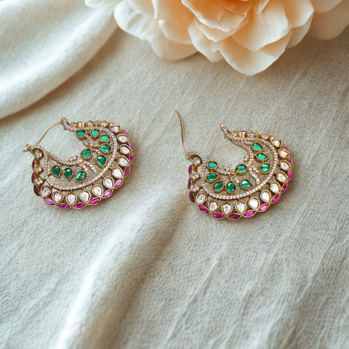 Elegant Crescent Kundan Hoop Earrings with Green & Pink Stones