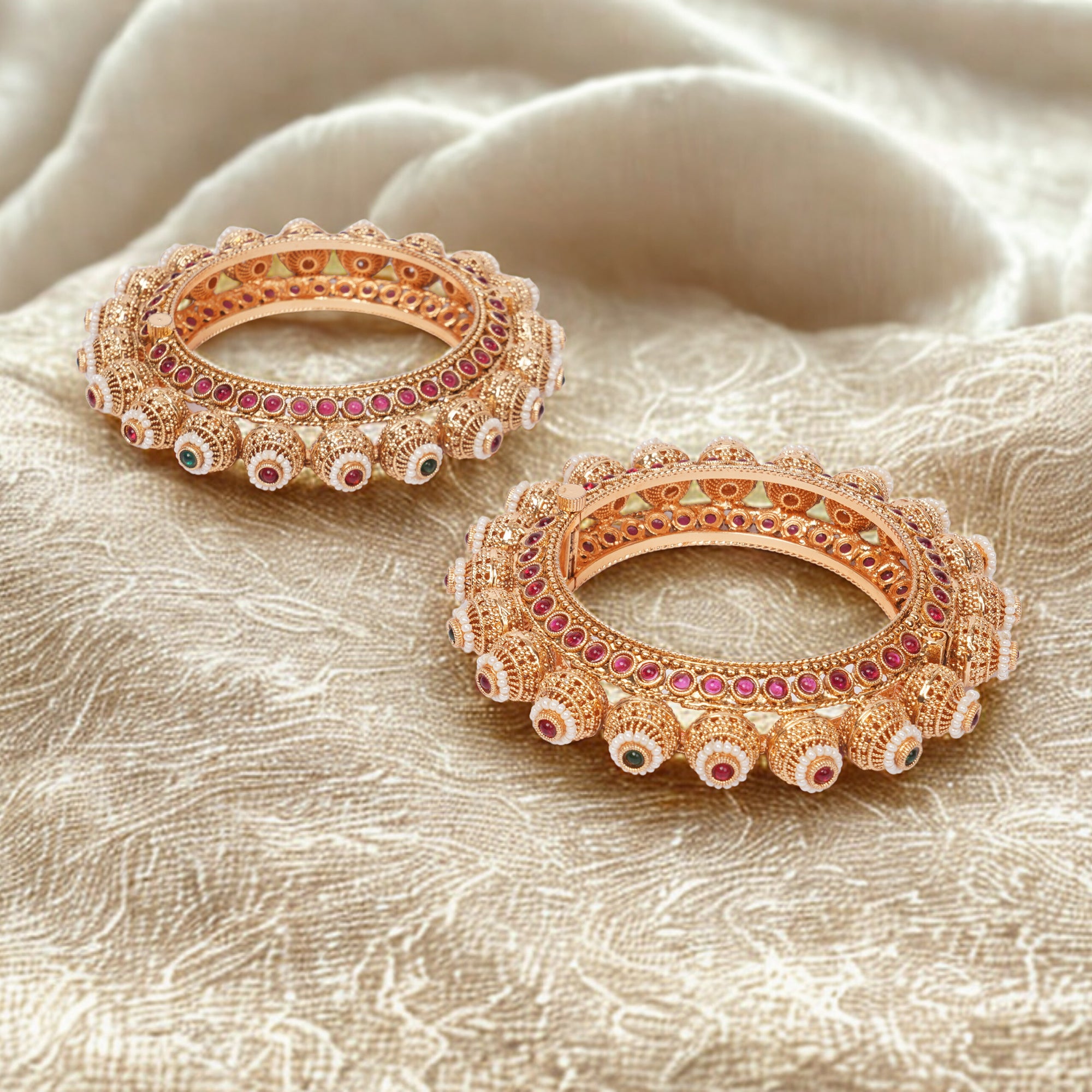 Traditional Antique Gold Bangles with Ruby & Emerald Accents : Pair