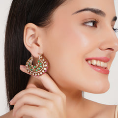 Elegant Crescent Kundan Hoop Earrings with Green & Pink Stones