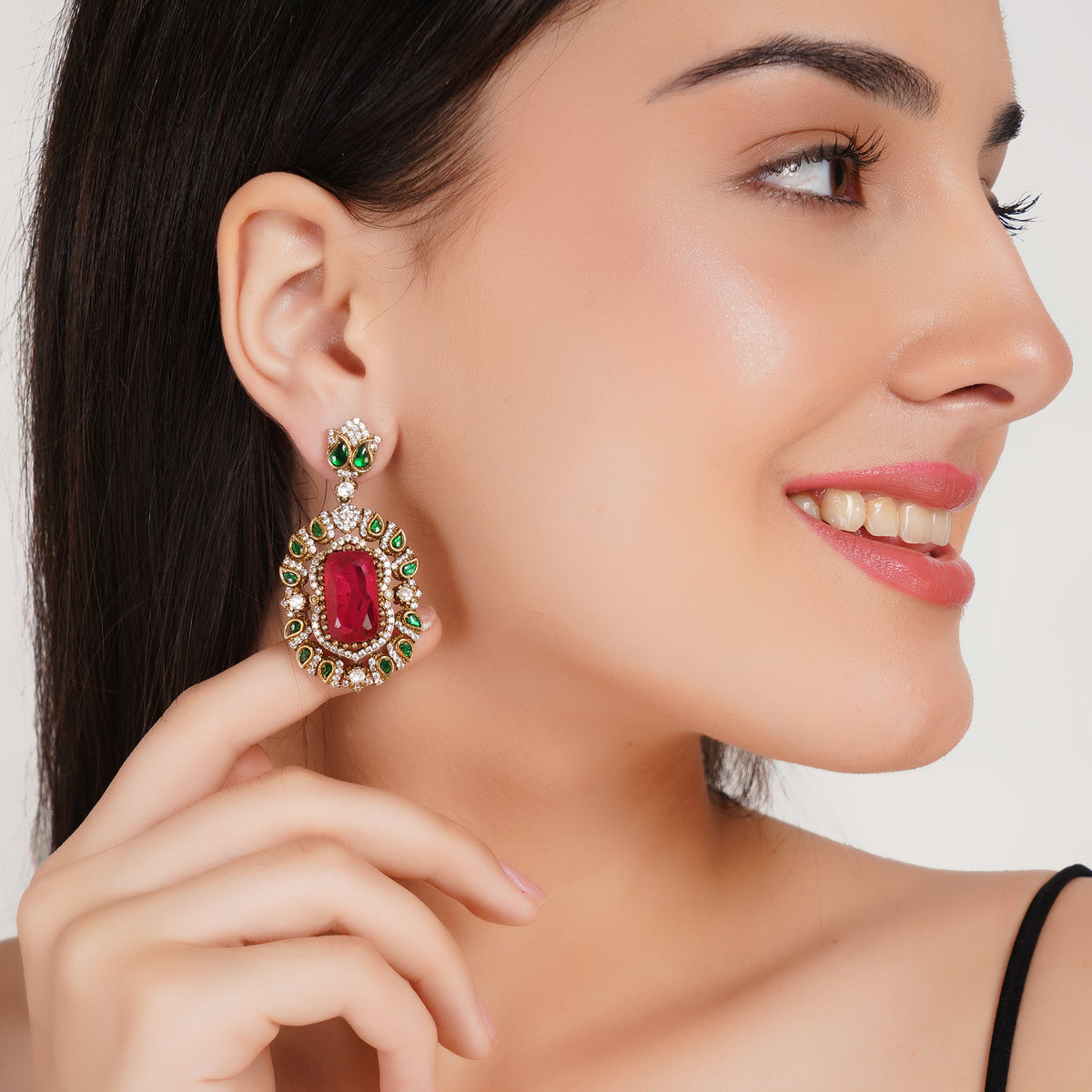 Royal Ruby Green Kundan Statement Earrings