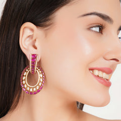 Luxury Ruby and Diamond Crescent Drop Earrings, Rose Gold Plated, Crystal Studded