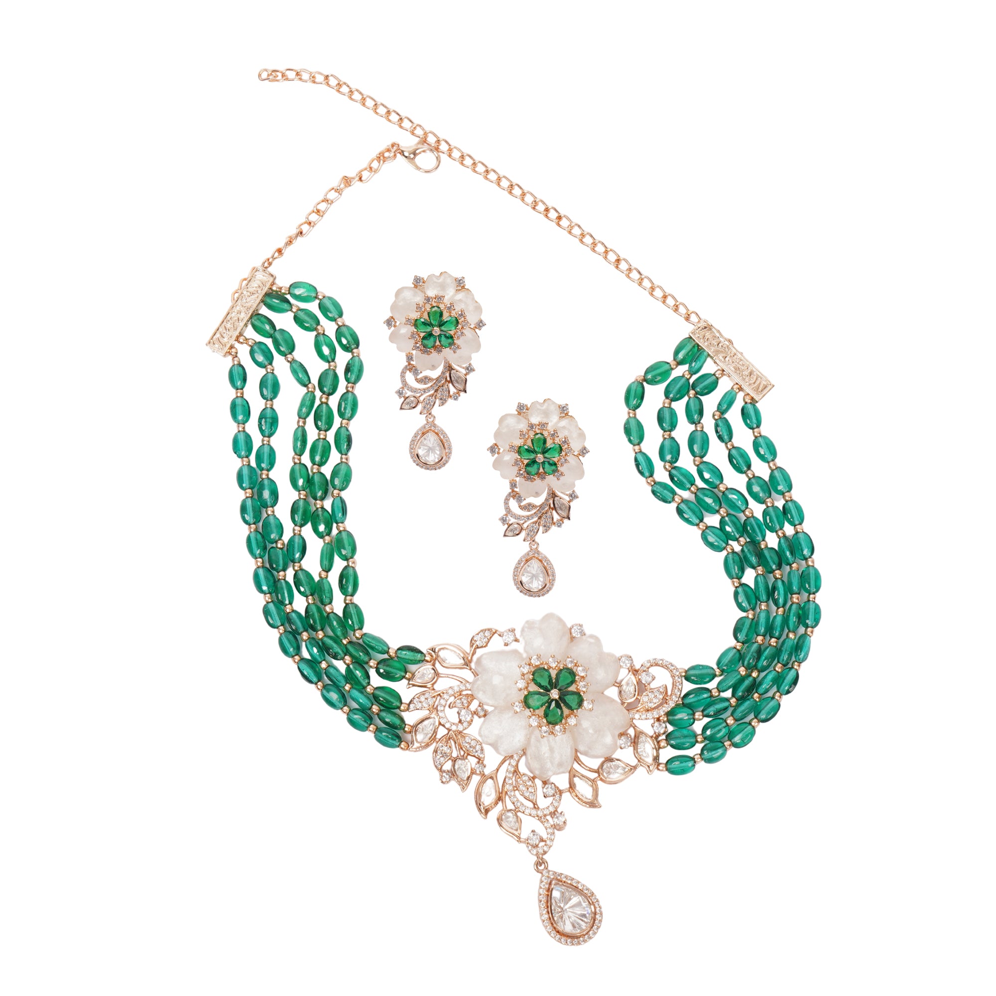 Opulent Floral Green Beaded Necklace Set