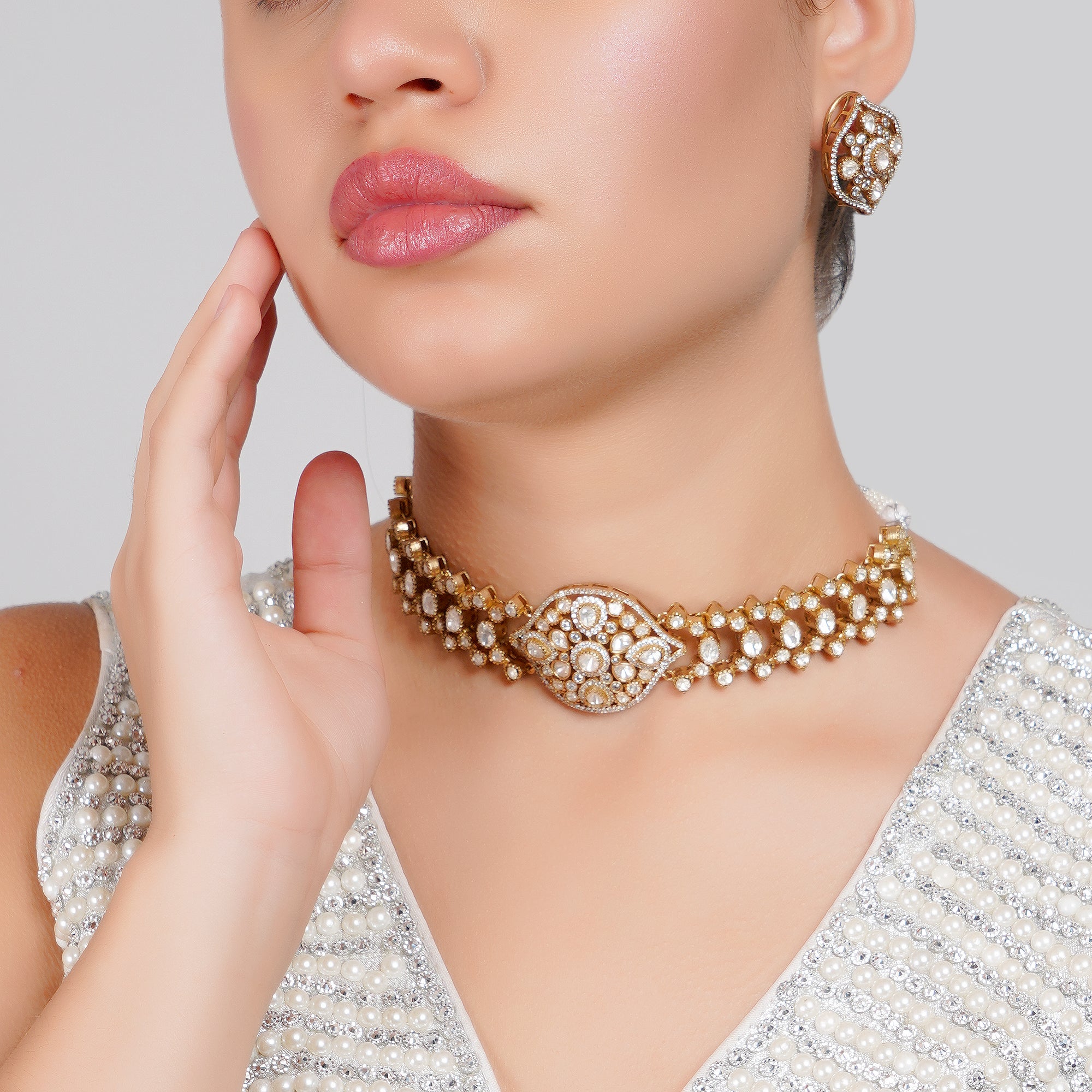 Moissanite Floral Choker Set with Matching Stud Earrings