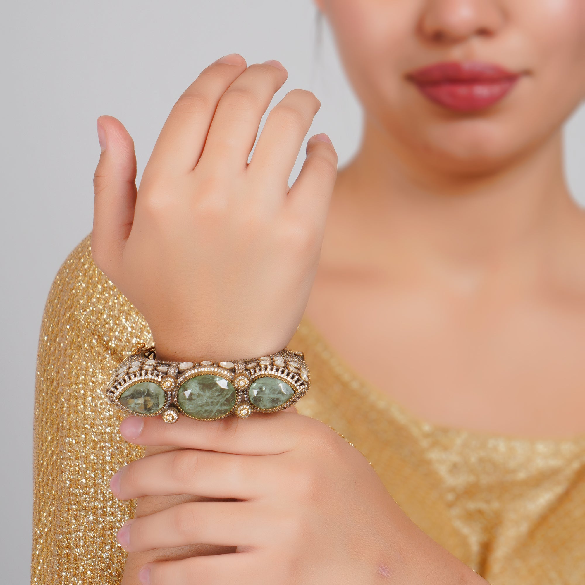 Antique Gold Bracelet/Bangle with Olive green Doublet and maisonettes: Side Opening - Size 2-4