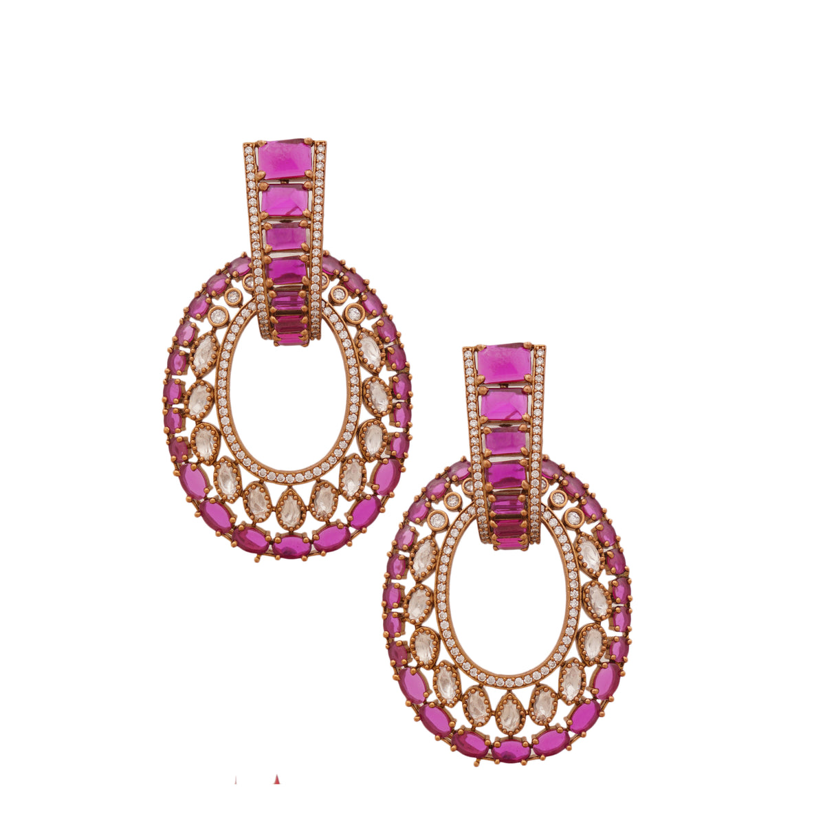 Luxury Ruby and Diamond Crescent Drop Earrings, Rose Gold Plated, Crystal Studded