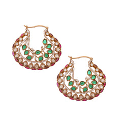 Elegant Crescent Kundan Hoop Earrings with Green & Pink Stones