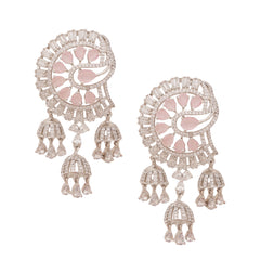 Stunning chandelier-style drop earrings featuring pink quartz stones surrounded by brilliant cubic zirconia in a sophisticated fan pattern