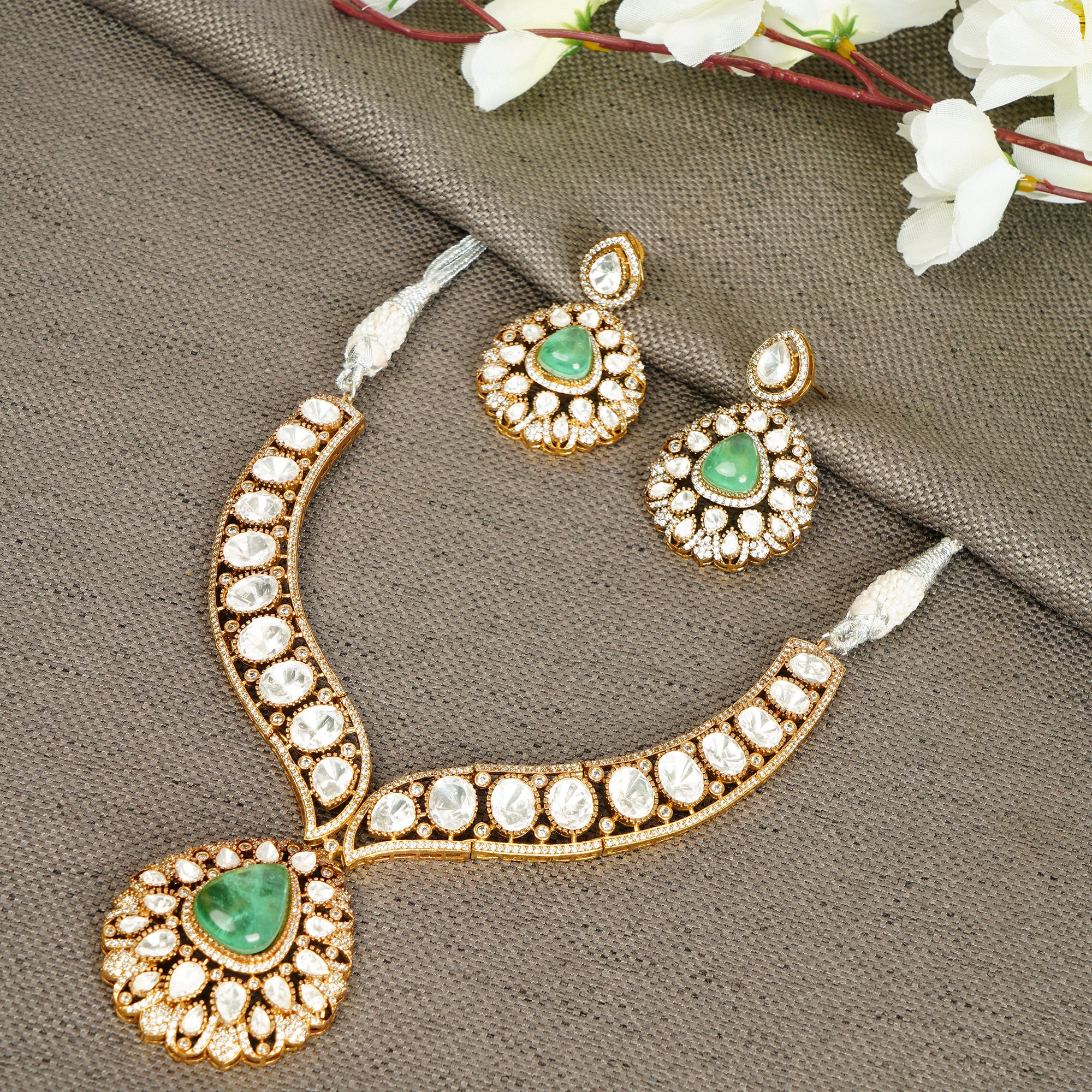 Elegant Green & White Stone Choker Necklace Set